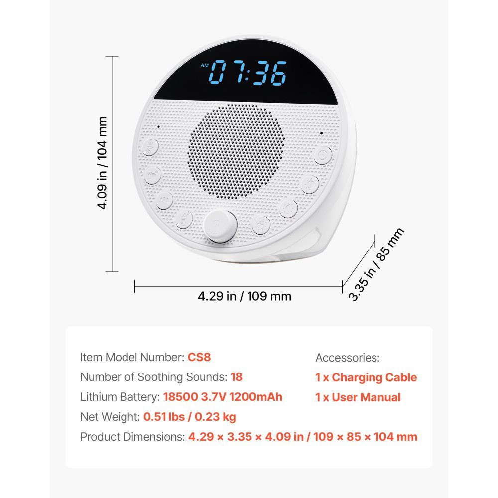 Sleep Aid, White Noise Device, 18 Music Tracks and 7 Color Night Light, 5 in 1 White Noise Device, 2 Alarms, Auto Shut Off and Memory Function, Sound Device
