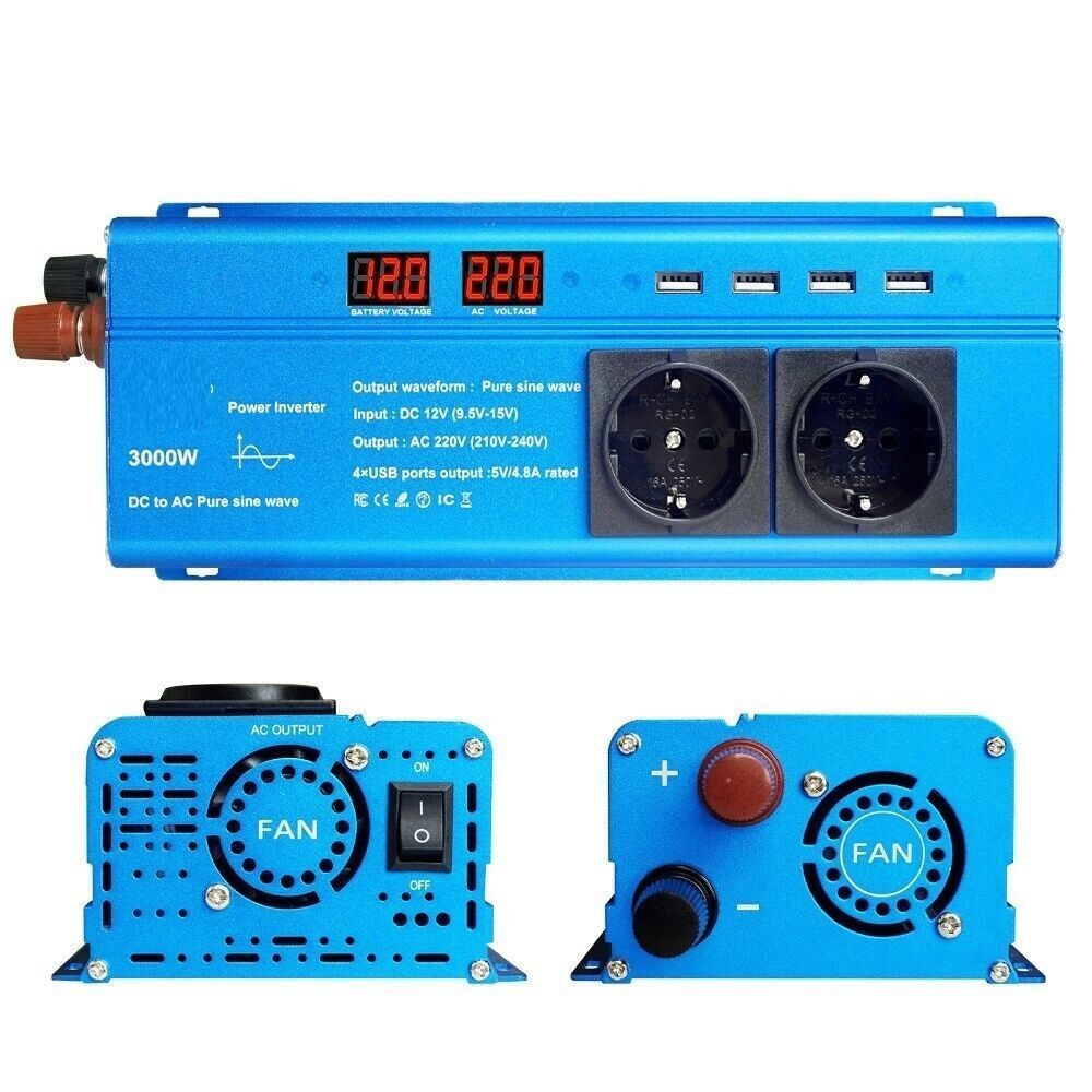 Voltage Converter 1500W 3000W Pure Sine Wave 12V - 230V Inverter 4USB 2AC