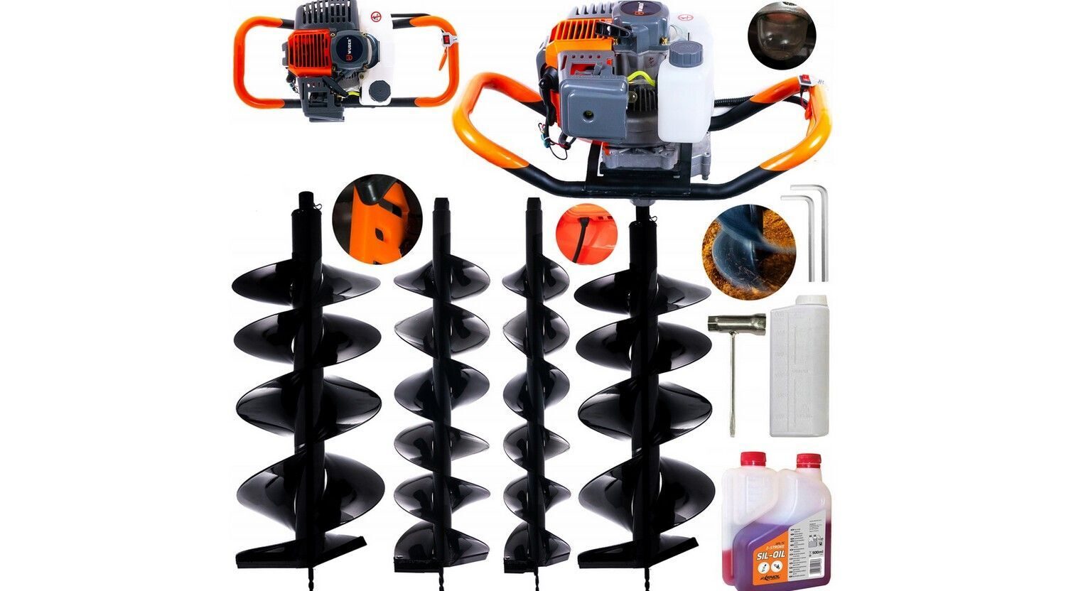 Petrol earth auger, earth auger, earth hole auger, post auger, ice auger, starter set XXXL + 3 DRILLS 15/20/25