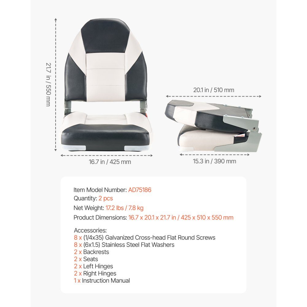 2pcs High Back Boat Seat Folding Fishing Boat Seat with Thick Sponge Cushion and Waterproof PVC Leather Aluminum Alloy Hinges Black Gray