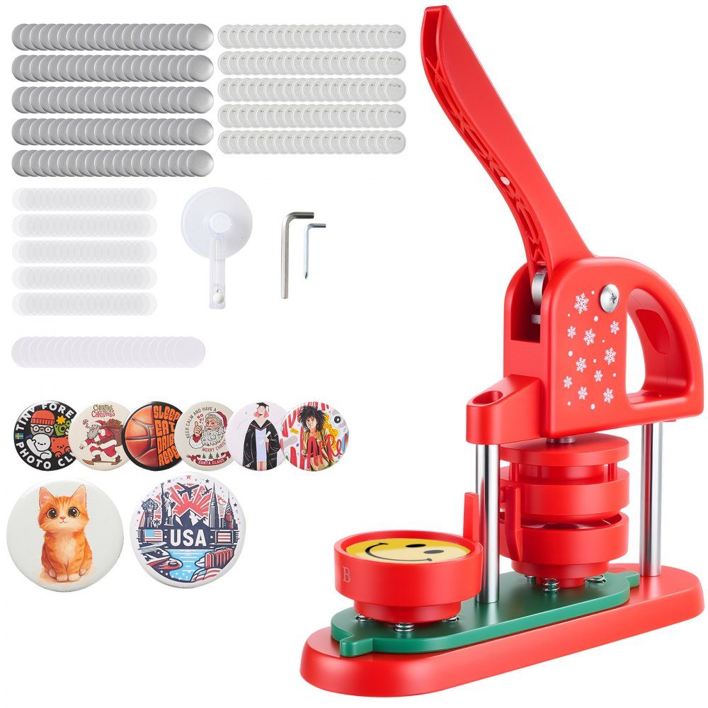 Machine à boutons, machine à fabriquer des boutons, poinçonneuse à boutons ronde de 58 mm, machine à broches avec 100 pièces de boutons, coupe-cercle et poignée ergonomique renforcée, machine à presser les boutons DIY, rouge