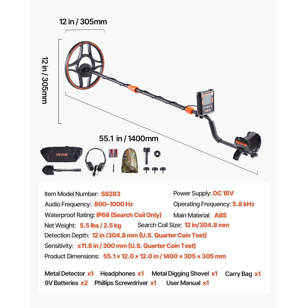 Adult Metal Detector 304.8mm Professional Metal Detector with 6 Modes Gold Detector IP68 Waterproof Search Coil with Display Headphone Adjustable Length for Gold Treasure Hunting