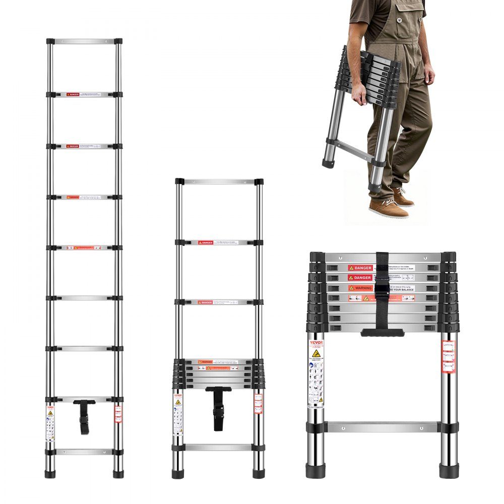 Telescopische ladder, 100 inch lange roestvrijstalen verlengladder, vouwladder met 150 kg laadvermogen (75 °) en antislipvoeten, draagbare 9-staps ladder voor thuis, camper, zolder