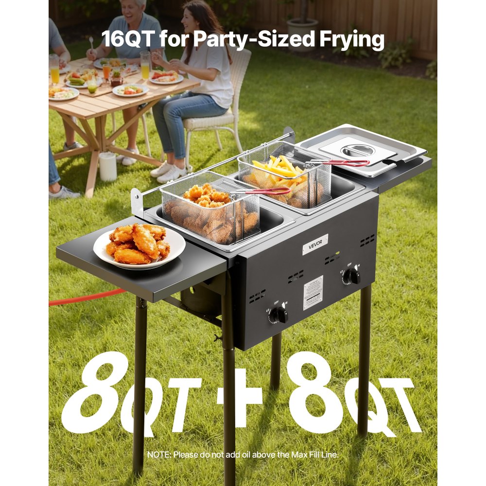 Friteuse commerciale d'extérieur au propane avec 2 réservoirs (9 L x 2), cuisinière en acier inoxydable avec plate-forme pliable, double panier et contrôle de la chaleur, friteuses autoportantes pour restaurants, snack-bars Friteuse commerciale d'extérieur au propane avec 2 réservoirs (9 L x 2), cuisinière en acier inoxydable avec plate-forme pliable, double panier et contrôle de la chaleur, friteuses autoportantes pour restaurants, snack-bars