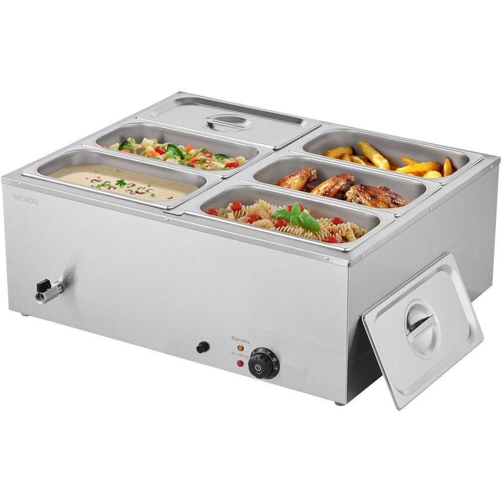 Réchauffeur de nourriture commercial (6 récipients de taille 1/3), récipient chauffant électrique en acier inoxydable de 1,5 kW avec couvercle et louche à soupe, ensemble de réchauds pour restauration, restaurant, fête