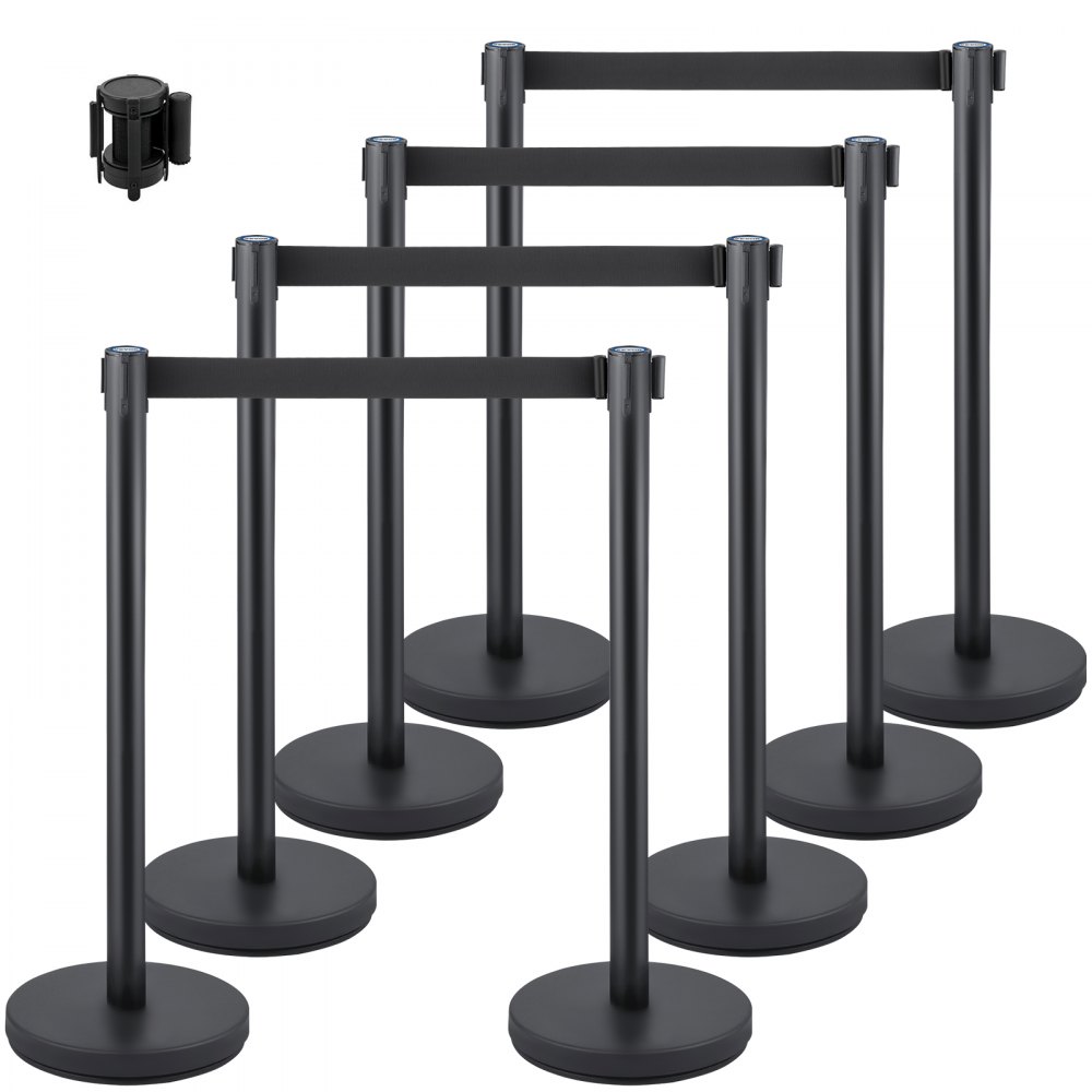 8 x barrier posts made of iron and steel, plastic posts with adapter, bollard chain, barrier chain, black barrier in theaters, hotels, people guidance system, barrier stand 90 cm total height