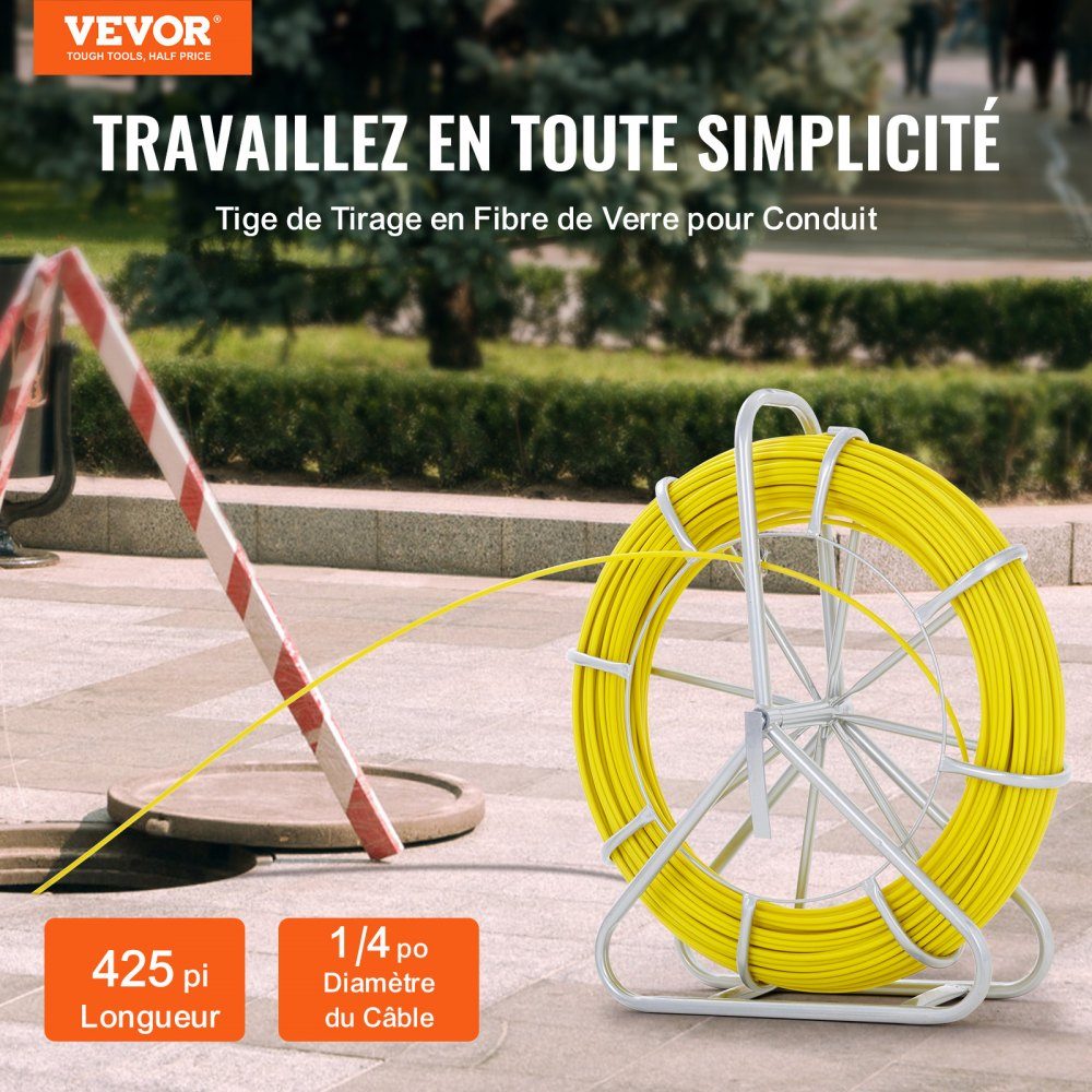 Fiberglass cable wheel Ø6.35 mm x 129.5 m Fiberglass rod incl. steel roller Gloves Brake handle Metal pull heads Fish tape -40℃ to +80℃ Pull-in aid Pull-in tape Pull-in spiral