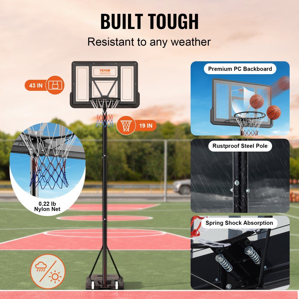 Panier de basket-ball d'extérieur, support de basket-ball réglable en hauteur de 122 à 305 cm, système de basket-ball noir résistant aux intempéries et à la rouille, support de panier de basket avec mobile à eau ou à sable