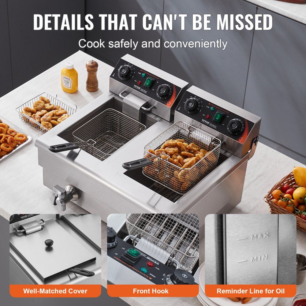 Commerciële friteuse 2 x 8L, 3KW elektrische aanrechtfriteuse met dubbele tank en mand, roestvrijstalen dubbele oliefriteuse, tijd- en temperatuurregeling, voor keukenrestaurants