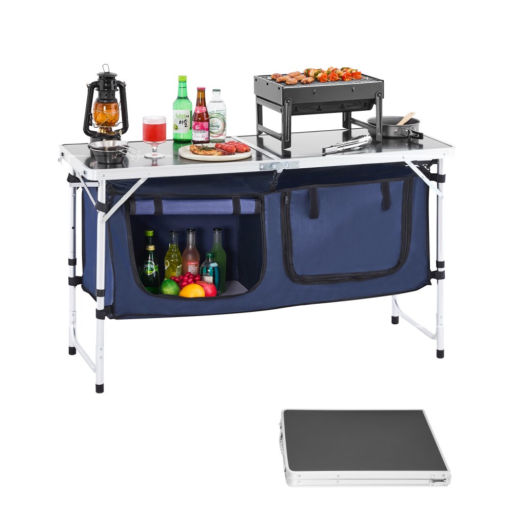 Campingkeukentafel, opklapbare kooktafel, buiten, 3-voudig in hoogte verstelbaar, draagbaar kookstation van aluminium met organizer en draaggreep, voor barbecuefeestjes, picknicks, camperreizen, blauw Campingkeukentafel, opklapbare kooktafel, buiten, 3-voudig in hoogte verstelbaar, draagbaar kookstation van aluminium met organizer en draaggreep, voor barbecuefeestjes, picknicks, camperreizen, blauw