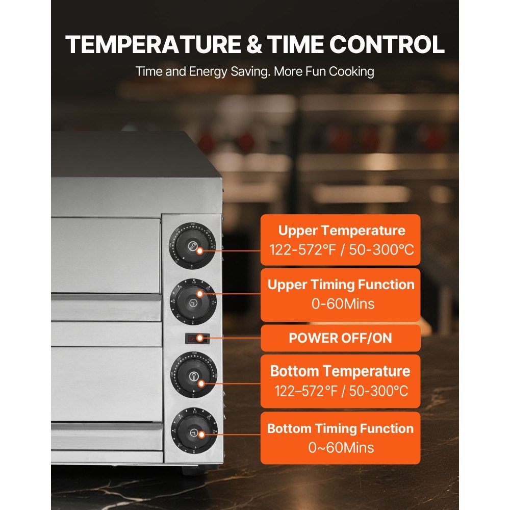 12" 1700W Electric Pizza Oven with temperature control and 0-60 minute timer, even baking technology and easy to clean crumb tray, ideal for commercial and residential kitchens