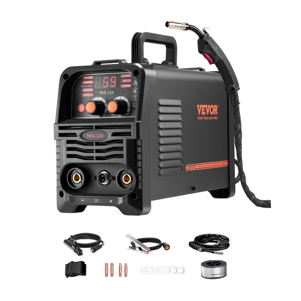 Soudeuse MIG, machine à souder MIG synergique 130 A, soudeuse multi-procédés MIG/MMA/Lift TIG à noyau de flux 3 en 1, soudeuse avec technologie inverseur IGBT et écran d'affichage numérique