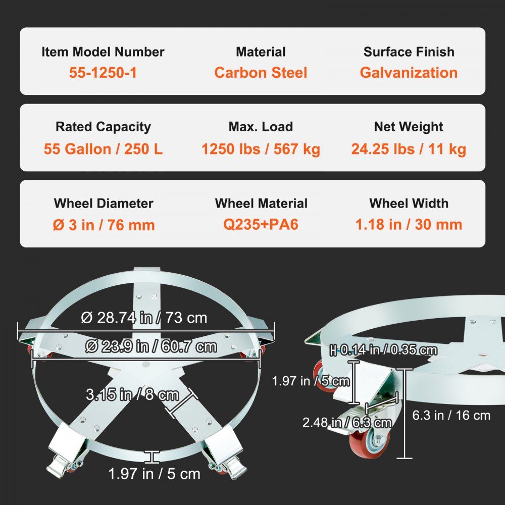 Barrel roller 250L transport roller carbon steel roller board inner diameter Ø607mm barrel trolley with 5 universal wheels (2 with brakes) transport trolley for transporting barrels up to 567kg