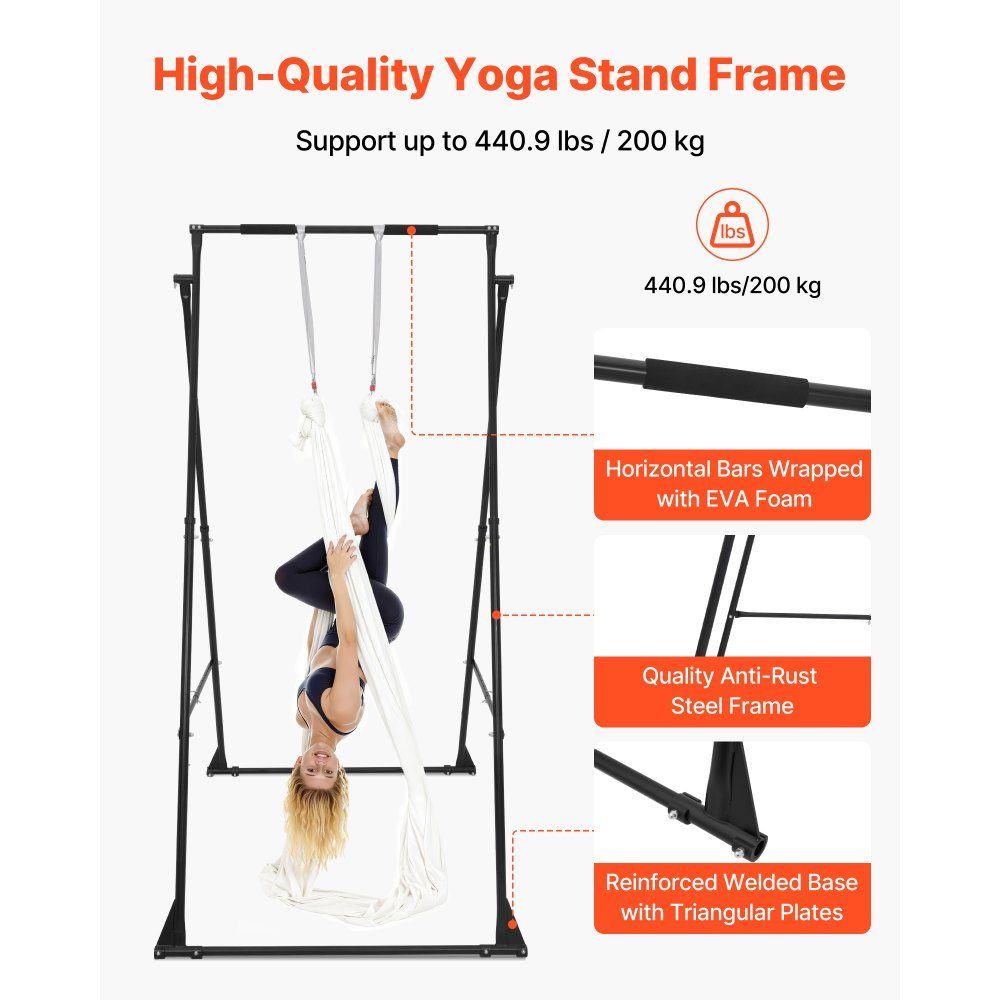 Aerial Yoga Frame Schommelstandaard met 6 m yogahangmat (wit) en Max. 200 kg laadvermogen, driehoekige structuur en EVA-schuim, horizontale aanpassing op 4 niveaus en verticale aanpassing op 6 niveaus