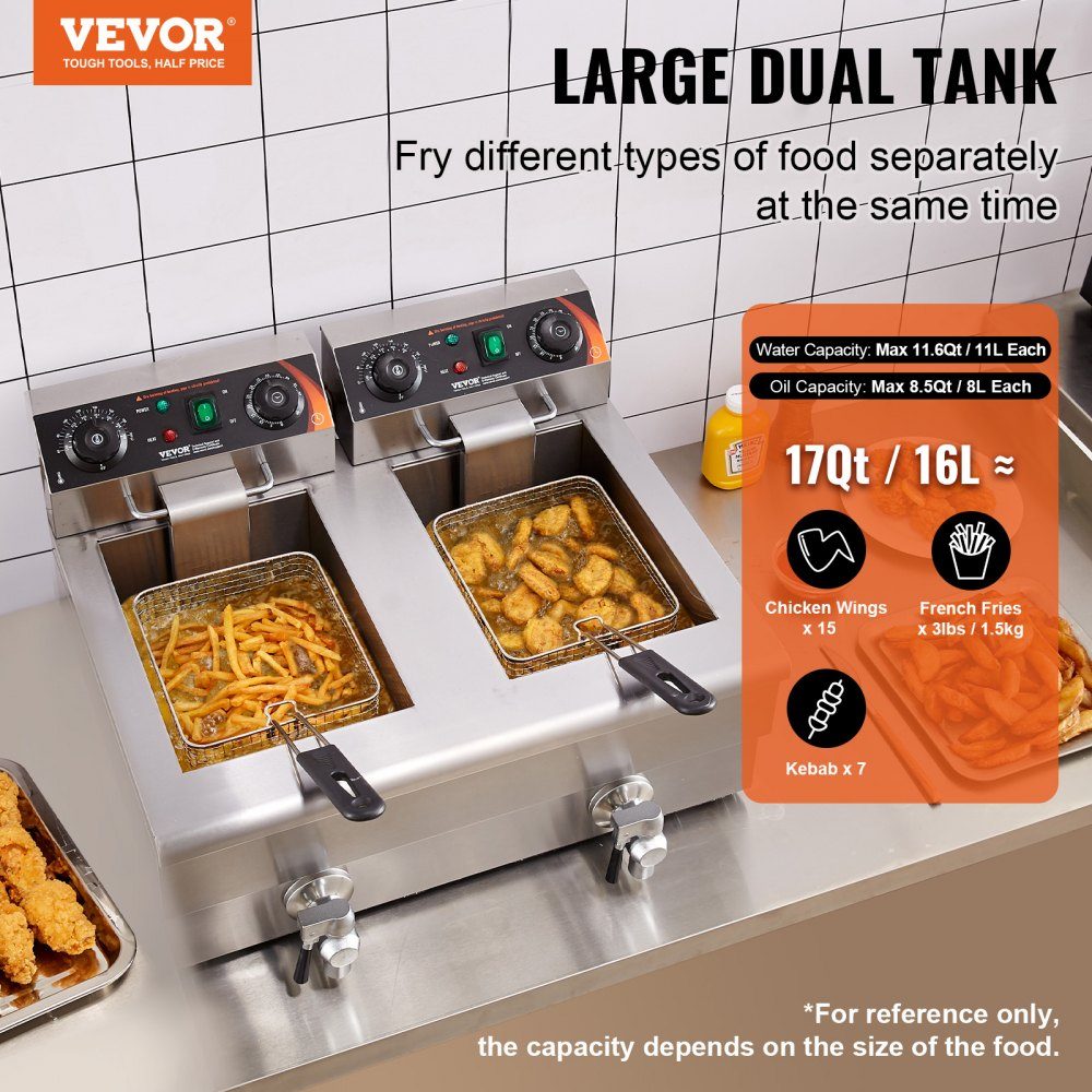 Commerciële friteuse 2 x 8L, 3KW elektrische aanrechtfriteuse met dubbele tank en mand, roestvrijstalen dubbele oliefriteuse, tijd- en temperatuurregeling, voor keukenrestaurants
