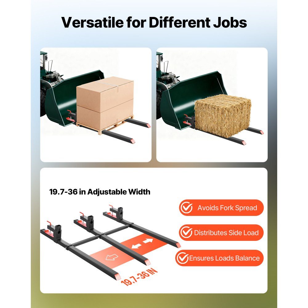 Fourches à palettes, porte-fourche à clipser 907 kg, longueur totale 1490 mm, fourches avec barre stabilisatrice réglable pour accessoires de tracteur, godet de chargeur et chargeuse compacte, noir – Réf. HT-22950