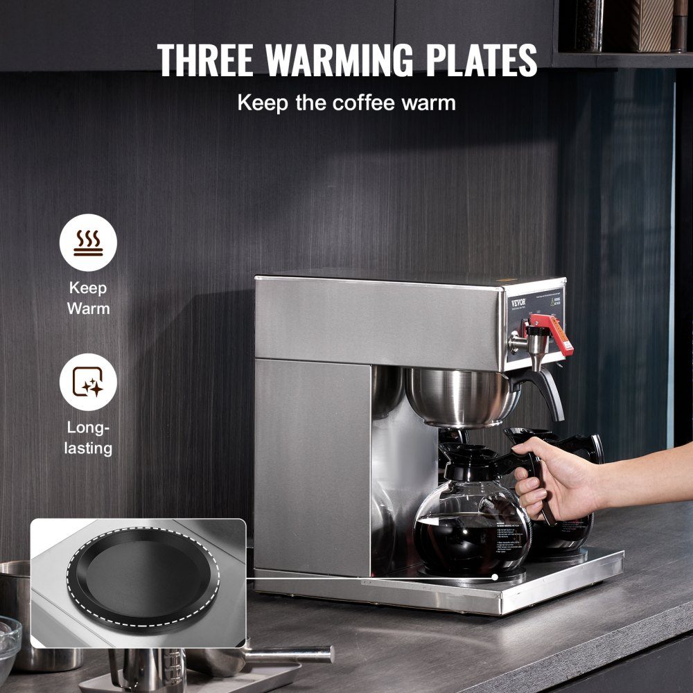 Kommerzielle Filterkaffeemaschine für 12 Tassen, Kaffeemaschine mit 3 Glaskaraffen & 3 Warmhalteplatten, Übergießkaffeemaschine aus Edelstahl für Restaurant, Büro, Café
