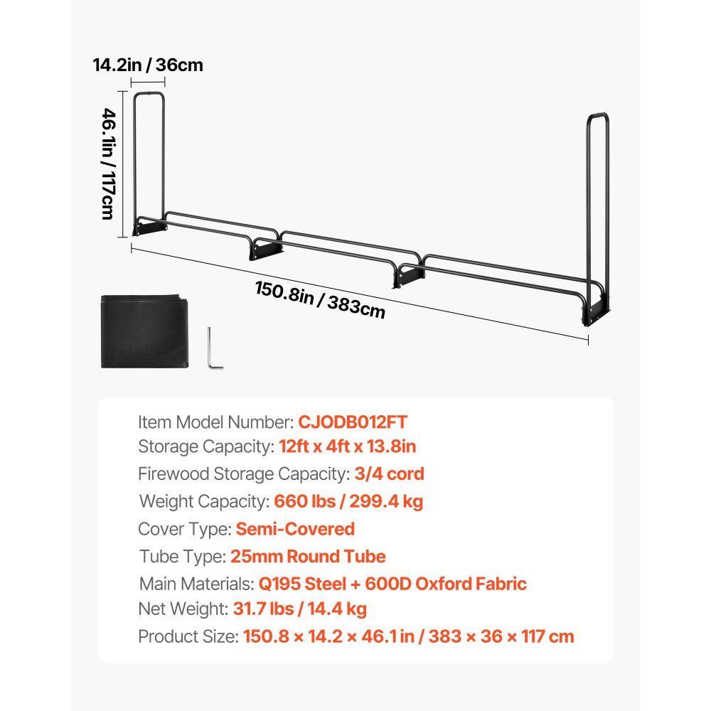 Brennholzregal aus Metall, 386 x 36 x 117 cm, Brennholzregal, Stahlrahmen, pulverbeschichteter Brennholzunterstand, 400 kg mit wasserdichter Abdeckung, Stapelhilfe, Holzunterstand für Veranda, Garten, Terrasse, Hof