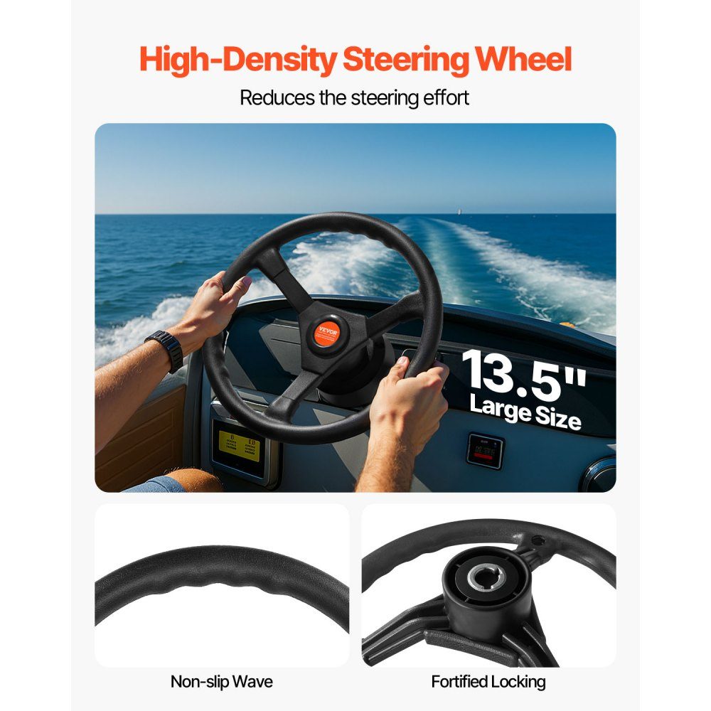Outboard Steering System Kit, 14ft Boat Control Cable, Standard 3/4" Taper Shaft, 13.5" Steering Wheel, Aluminum Marine Steering System, for Yachts, Yachts, Fishing Boats etc