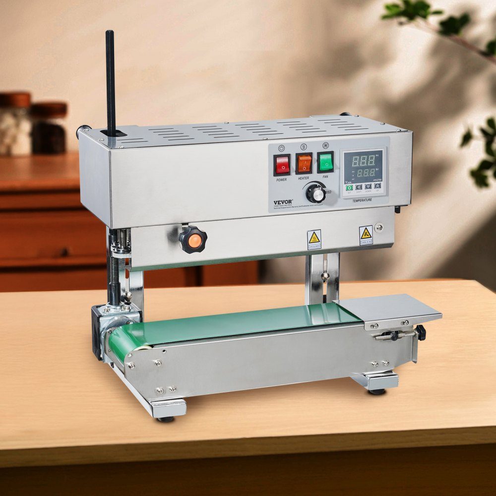 Kontinuierliche Beutelbandschweißmaschine, 0,24–0,47 Zoll/6–12 mm Schweißbreite, vertikale Bandschweißmaschine mit digitaler Temperaturregelung, Beutelschweißgerät aus Edelstahl für 0,02–0,8 mm dicke Kunststoffbeutelfolien