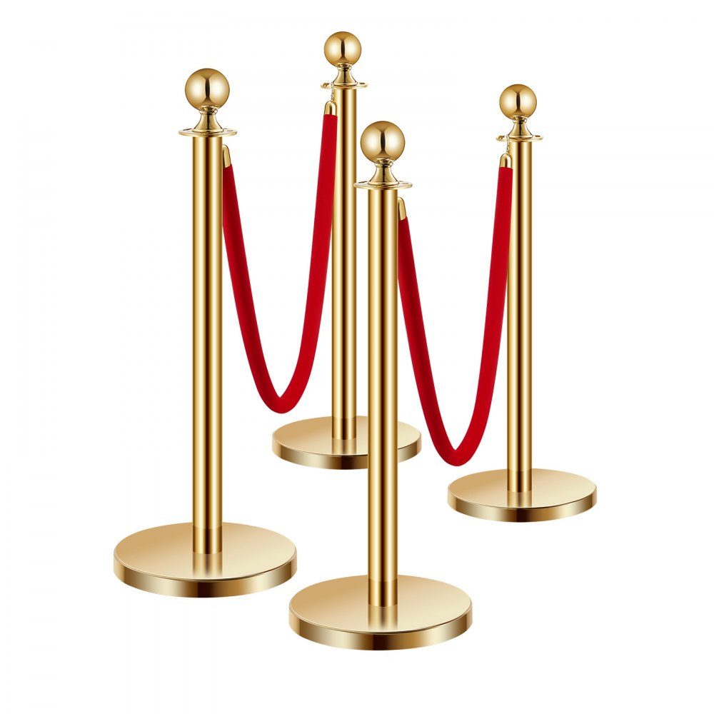 Afzetpalen (4 stuks) voor crowd control met 2 rood fluwelen touwen (1,5 m lang), RVS slagboomstandaard met hervulbare voet voor tentoonstellingen Golden