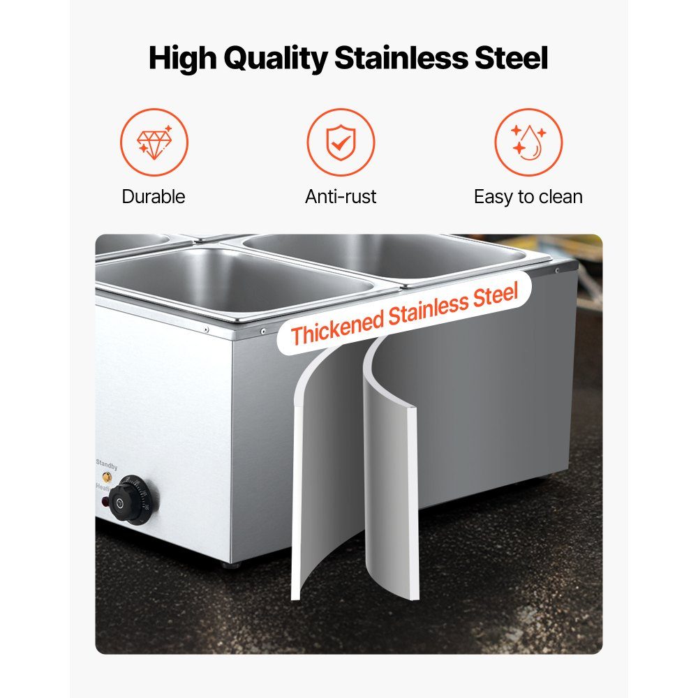 Réchauffeur de nourriture commercial (4 récipients de taille 1/2), récipient chauffant électrique en acier inoxydable de 1,5 kW avec couvercle et louche à soupe, réchauds pour restauration, restaurant, fête