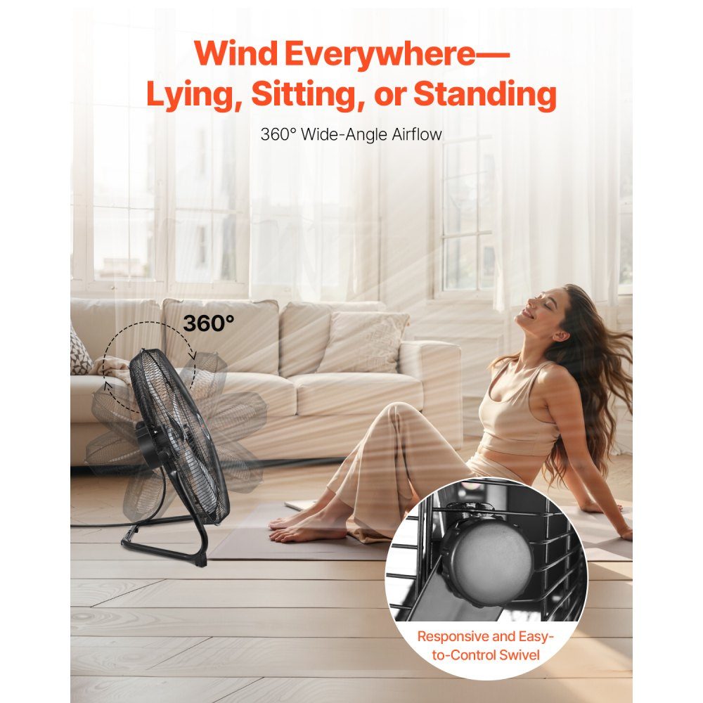 Bodenventilator, 3 Geschwindigkeiten, Windmaschine, 45 cm, Standventilator, 360° verstellbare Neigung, 6 m/s Luftstrom, großer Metallventilator für Zuhause, Fitnessstudio, Büro, Garage, Geschäft
