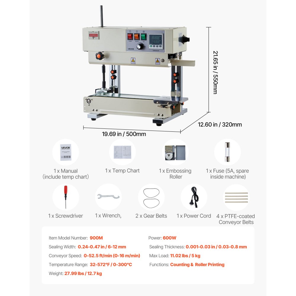 Continu sealmachine, 6-12 mm sealbreedte, verticaal, met roldruk, sealmachine temperatuur en snelheid instelbaar, geschikt voor plastic zakken van 0,03-0,8 mm Continu sealmachine, 6-12 mm sealbreedte, verticaal, met roldruk, sealmachine temperatuur en snelheid instelbaar, geschikt voor plastic zakken van 0,03-0,8 mm