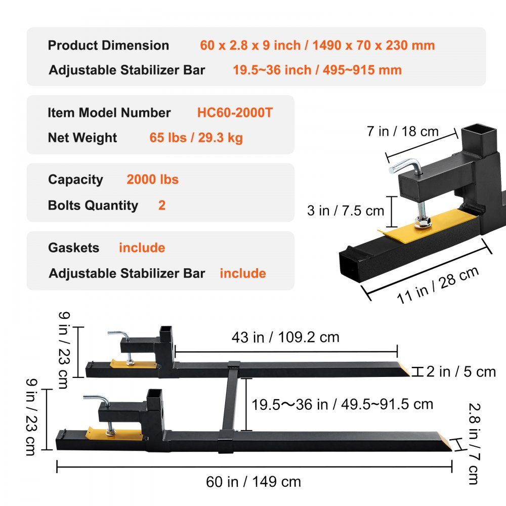 Palettengabel 1490 x 70 x 230 mm Gabelträger 907 kg Tragfähigkeit Gabeln 149 cm Gesamtlänge mit 109,2 cm Gabelblatt Gabelstapler 495-915 mm