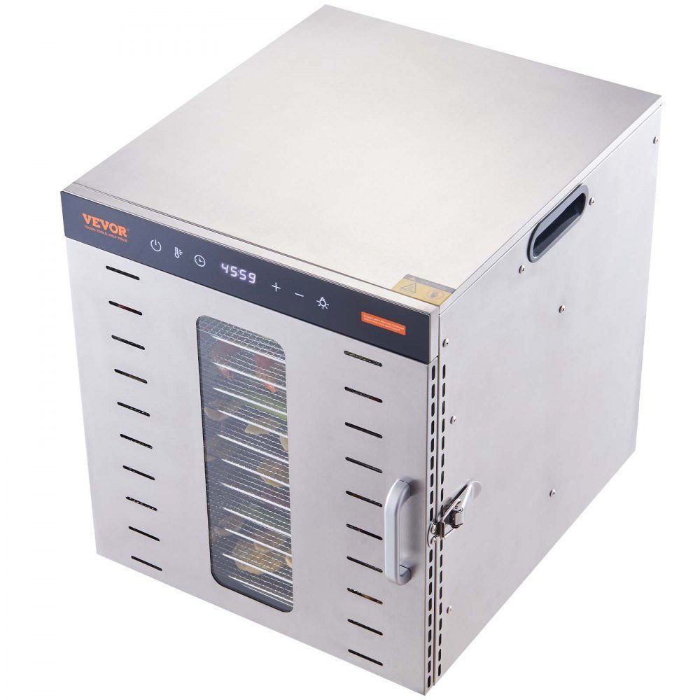 1000 W droogoven RVS, 377 x 285 mm 10 stuks. Bakken 360° droog, dehydrator, temperatuurregeling, timer van 0,5 tot 48 uur, bescherming tegen oververhitting, receptenboek voor vlees, fruit, groenten – Artikelnr. HT-23663