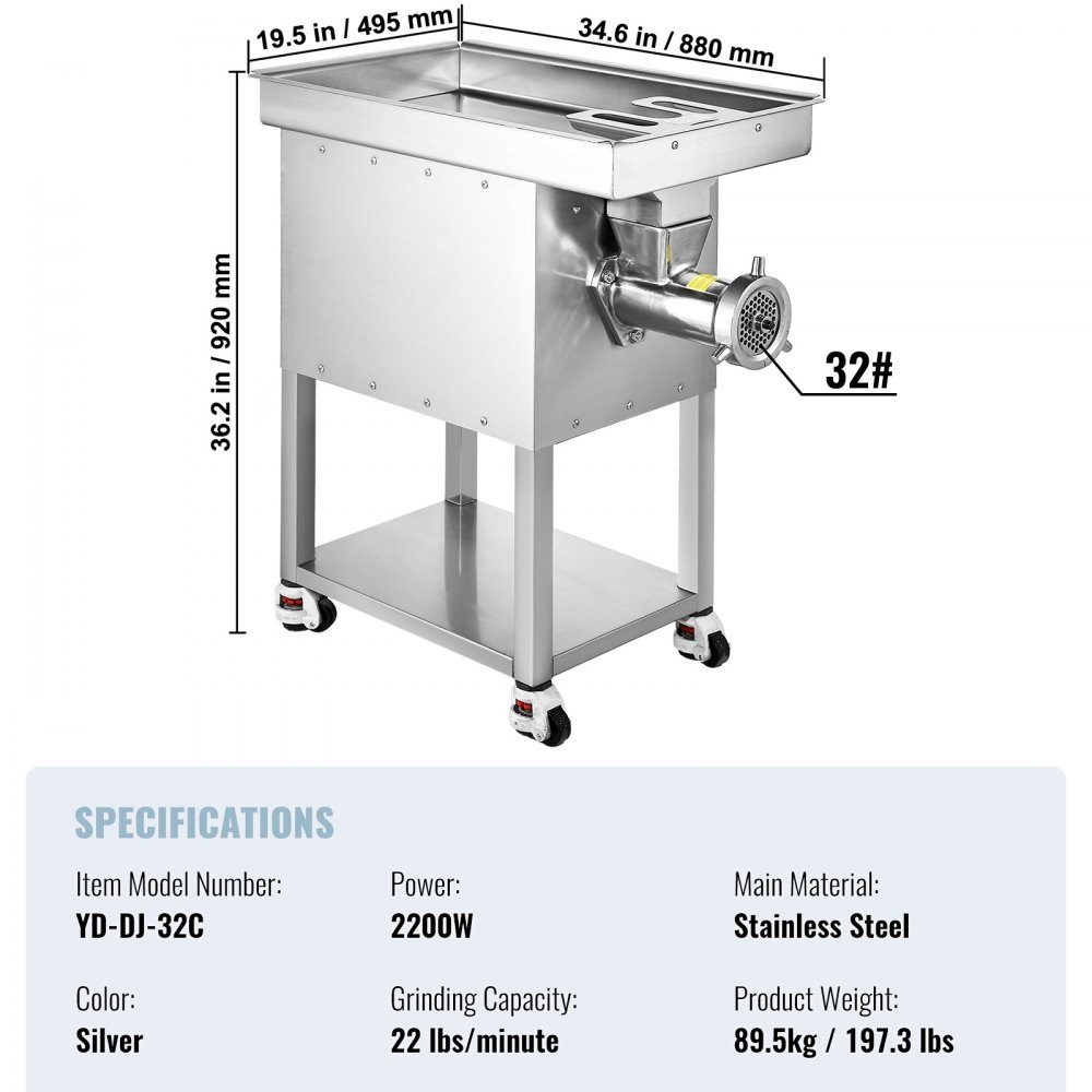 Commercial Meat Grinder 9.98kg/min Electric Meat Grinder 2200W with Blades and Grinding Plates Sausage Machine Commercial Stainless Steel Meat Grinder for Kitchen Restaurant Butcher Shop