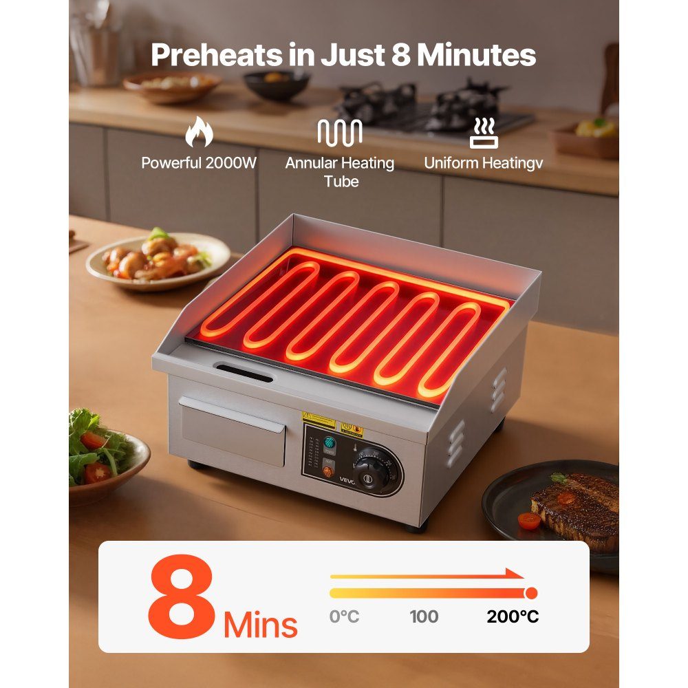 Plaque de grill électrique 2000 W 355 x 300 mm (surface de grill), 50-300 °C Plaque de grill gastro en acier inoxydable (boîtier) plaque de grill de table avec 2 spatules & 2 brosses & 4 repose-pieds, pour steaks, crêpes
