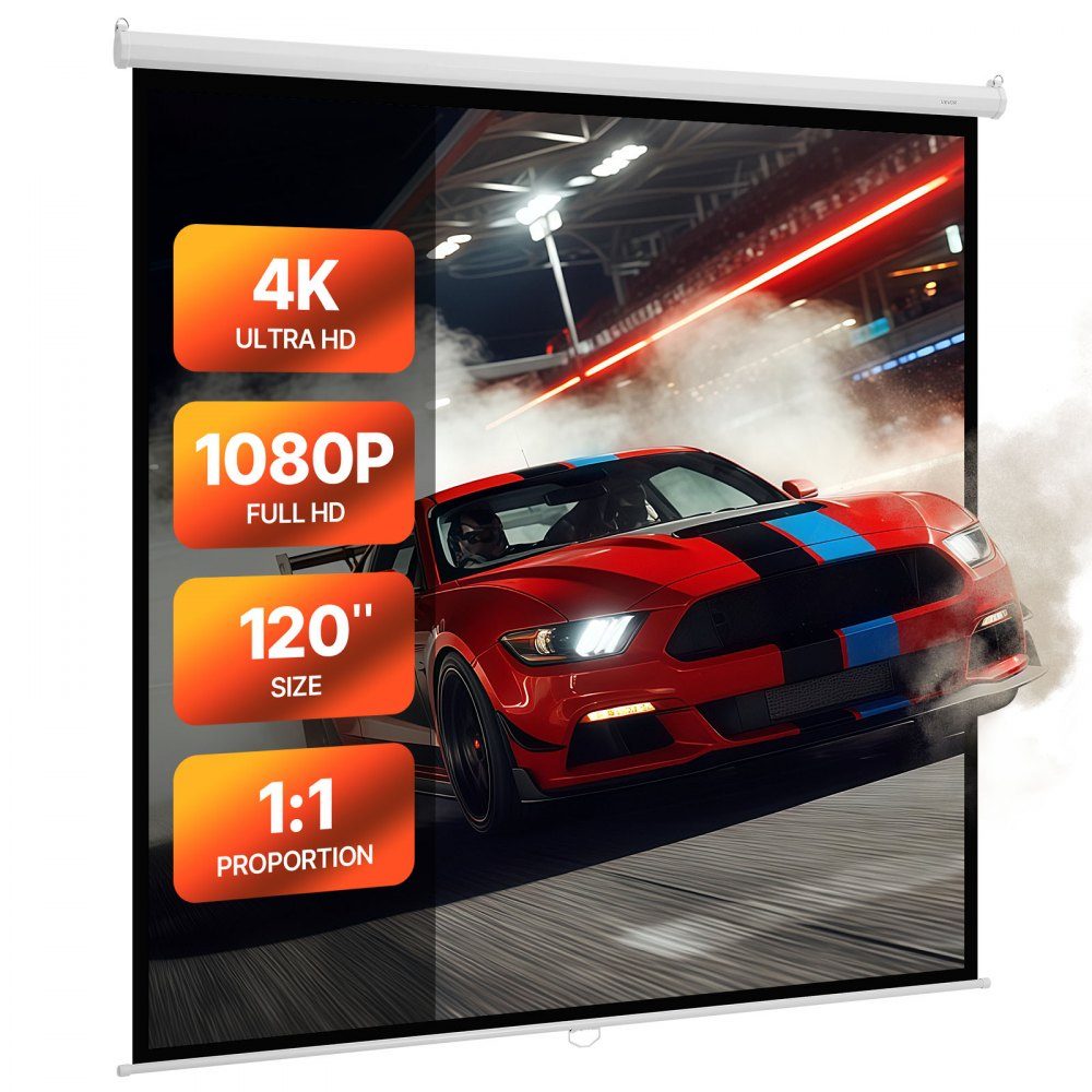 Manual Projection Screen, 120 Inch 1:1 4K 1080 HD Retractable Projection Screen, Wall Mounted Movie Projection with Pull Rope, Portable Rolling Screen Home Theater