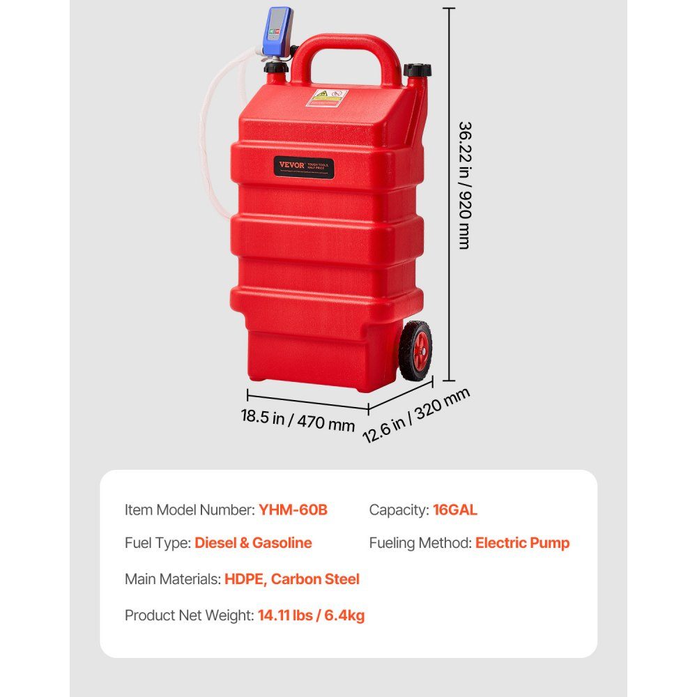 Fuel Truck, 60L with 12-V-Gleichstrom-Kraftstofftransferpumpe Fuel Canister, 1.2m Delivery Hose and Auto Stop Sensor Nozzle, Tank Adapter, Suitable for Diesel and Petrol, Red