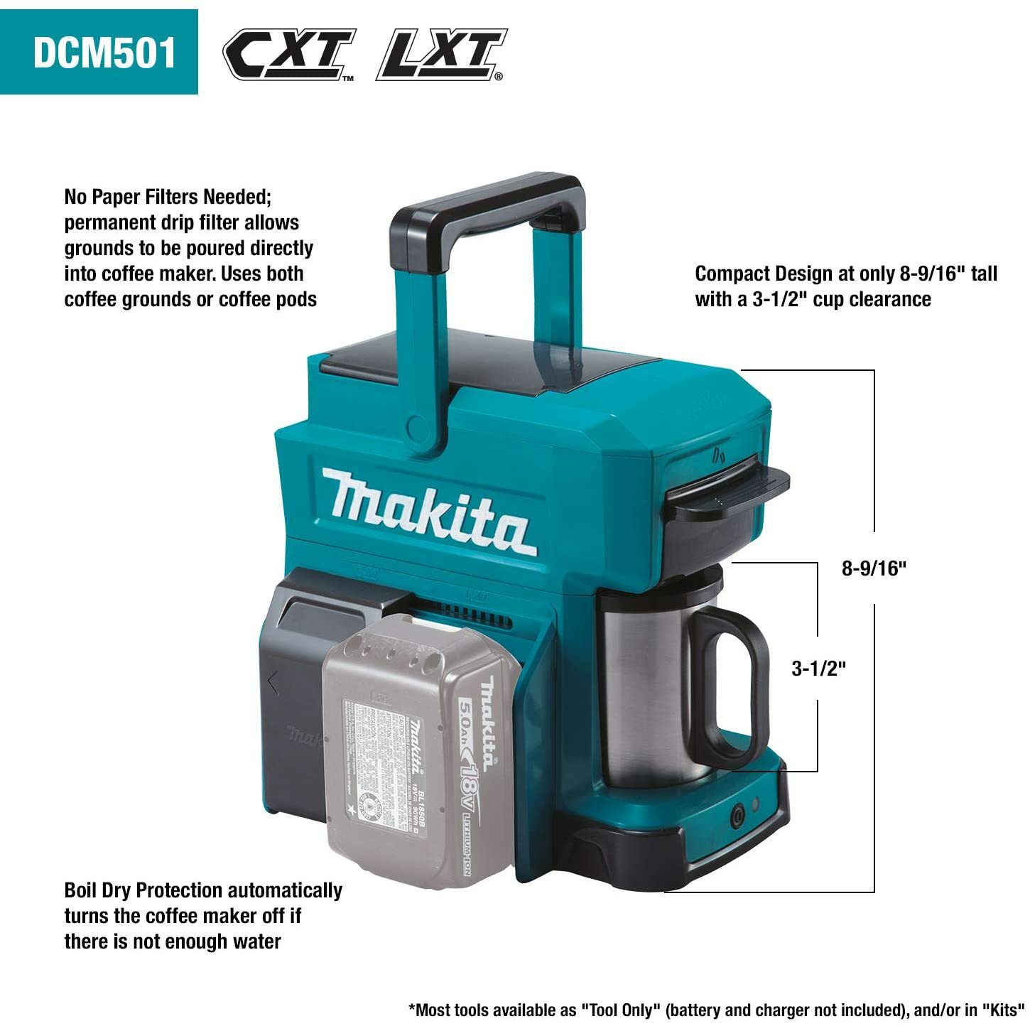 Makita DCM501Z Kaffeemaschine 18 V (ohne Akku, ohne Ladegerät), Schwarz