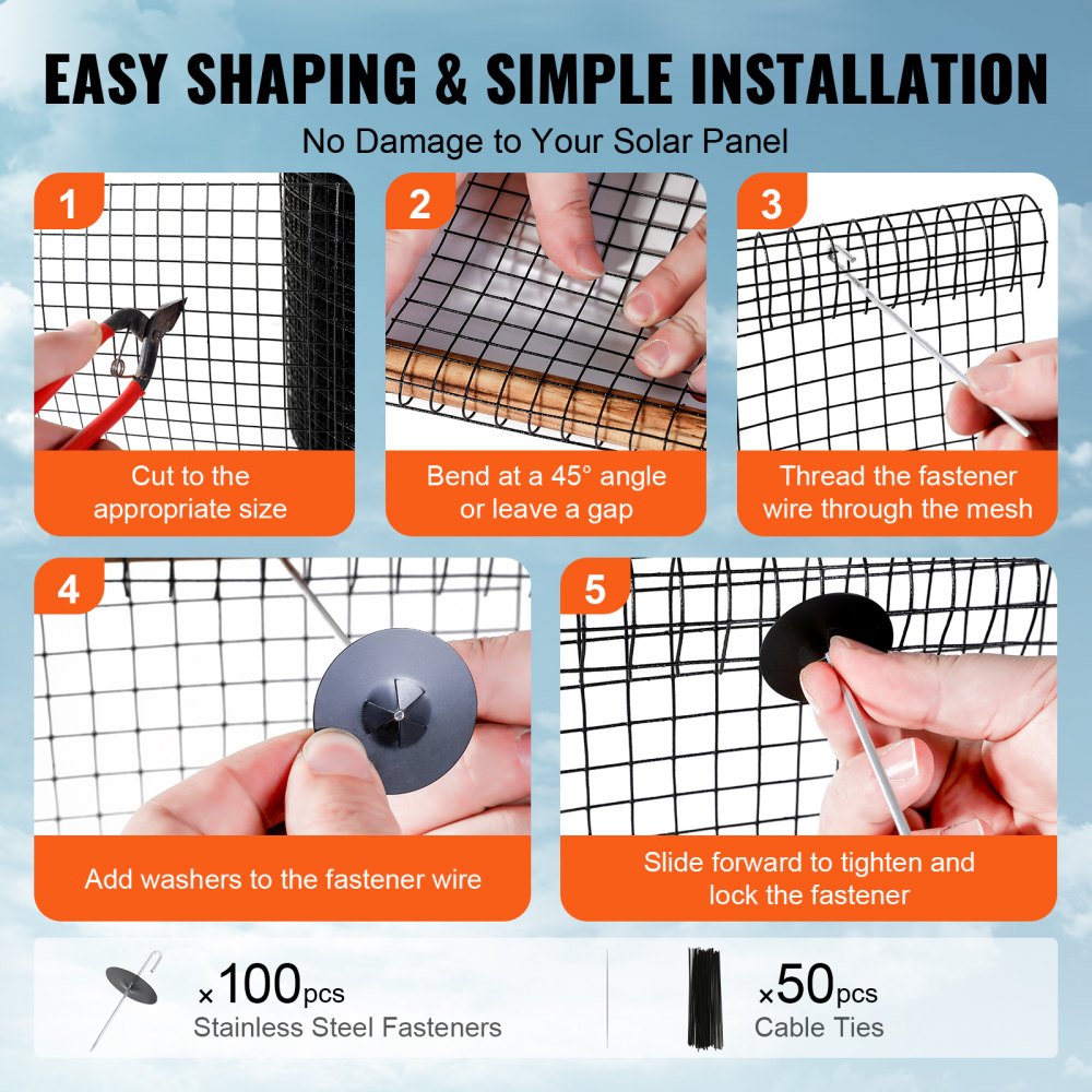Solar Panel Bird Guard 60' x 100' Pigeon Repellent Solar Panel Screen with 100 Aluminum Alloy Fasteners Solar Panel Guard with Rustproof PVC Coating 1/2" Square Grid