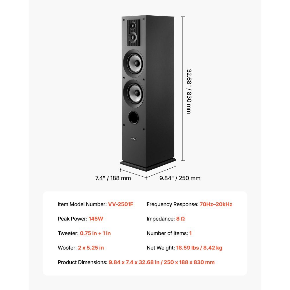 Passive floorstanding speaker, 3-way system with 3/4"/1" tweeter, dual 5.25" woofer, 145W peak power, 70Hz-20kHz frequency response, MDF housing, for home audio, single