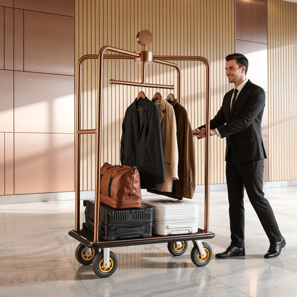 Chariot à bagages d'hôtel en acier inoxydable, chariot à bagages robuste de 1 000 livres avec roues en caoutchouc de 8", chariot d'hôtel avec tapis noir et porte-manteau, chariot à bagages pour hôtels et centres de villégiature, or rose – Réf. HT-23183