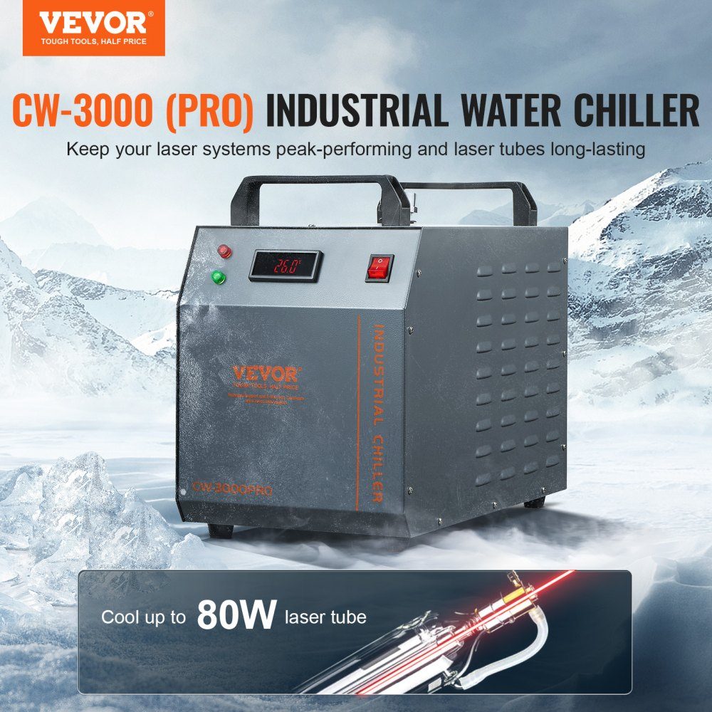 Industriële waterkoeler, CW-3000 (PRO), 150 W luchtgekoeld industrieel waterkoeler-koelsysteem met watertank van 12 liter, maximaal debiet van 18 l/min, voor lasergraveermachine Koelmachine