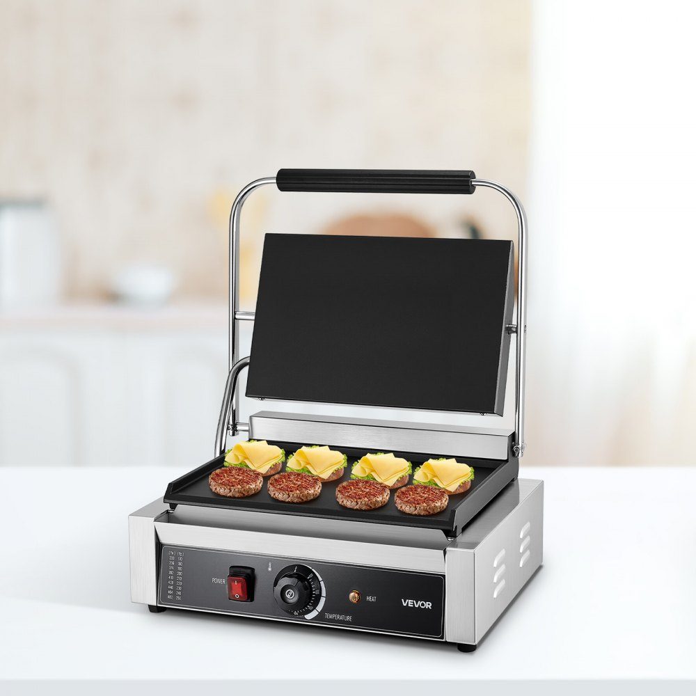 Commercial Panini Grill, Contact Grill 2200 W, for Sandwiches, Steak, Bacon, Hamburgers, Sandwich Maker, Stainless Steel Press Grill with Handle & Temperature Controller & 34 x 23 cm Heating Plate, Panini Press