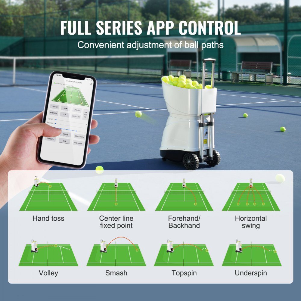 Tennisbalmachine, automatische draagbare tennisballenwerper, oefenwerper voor 150 ballen, tennistraining, 5 motoren, oefeningen in meerdere modi, meer dan 2 uur speeltijd, oplaadbare batterij, app-afstandsbediening