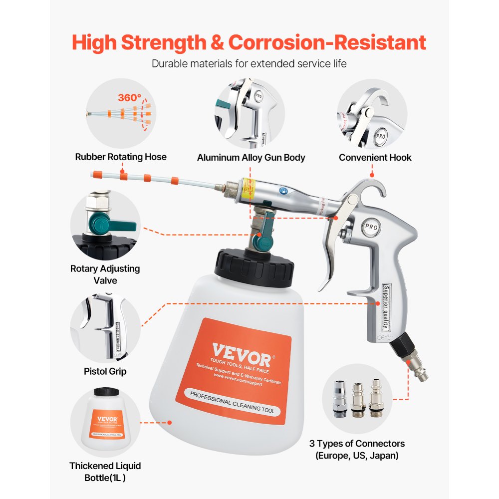 Autoreinigingspistool, 6-9,2 bar waspistool met 2 sproeiers en 1 liter vloeistoffles, Vortex-reinigingspistool, persluchtblaaspistool, compatibel met 1/4 NPT luchtcompressor Autoreinigingspistool, 6-9,2 bar waspistool met 2 sproeiers en 1 liter vloeistoffles, Vortex-reinigingspistool, persluchtblaaspistool, compatibel met 1/4 NPT luchtcompressor