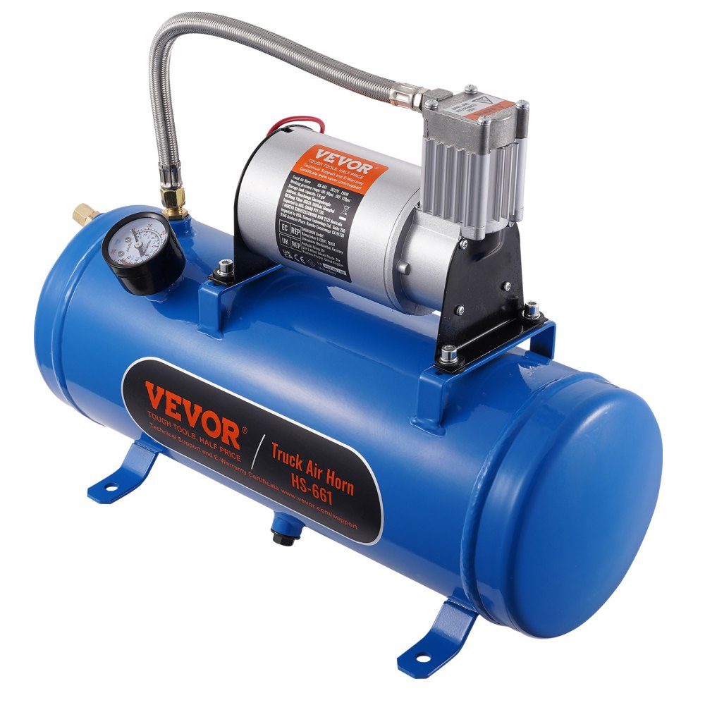 Compresseur d'air 12 V avec réservoir 6 L, kit de compresseur d'air pour klaxon de train, pression de fonctionnement 90-120 psi, système de compresseur d'air intégré pour klaxons d'air de train, gonflage de pneus, camions, SUV, etc. Bleu