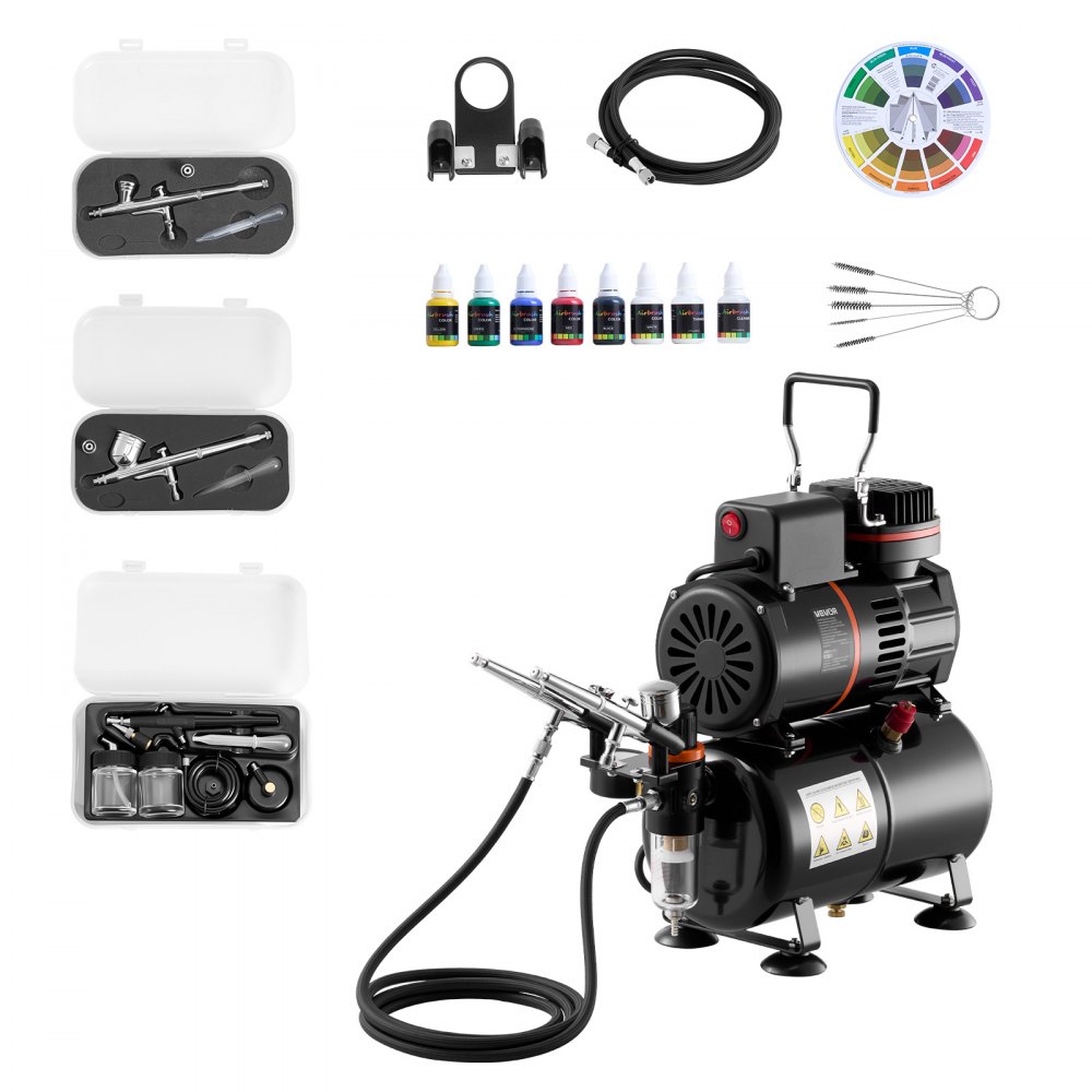 Set aérographe 1/6 HP avec compresseur et réservoir, double action 3 pistolets aérographe avec 3 buses (0,3/0,3/0,5 mm) & tuyau & peinture acrylique & 2 ventilateurs, pour décoration de gâteaux, peinture de modèles, nail art Set aérographe 1/6 HP avec compresseur et réservoir, double action 3 pistolets aérographe avec 3 buses (0,3/0,3/0,5 mm) & tuyau & peinture acrylique & 2 ventilateurs, pour décoration de gâteaux, peinture de modèles, nail art