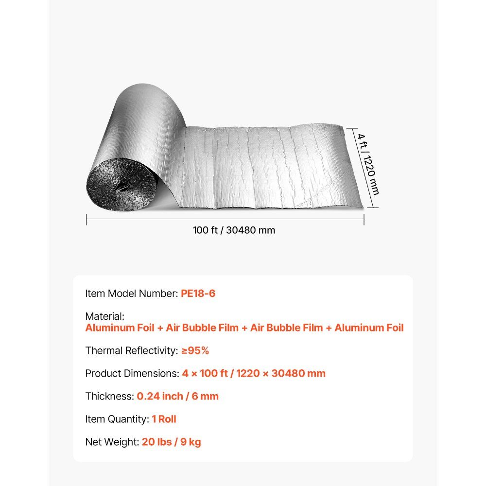Isolatiefilm Aluminiumfolie Reflecterende Film 6mm 48" x 100ft Dubbellaags Warmtereflecterende Luchtbelbescherming Thermische Isolatierol voor Garagedeurramen en RV-daken