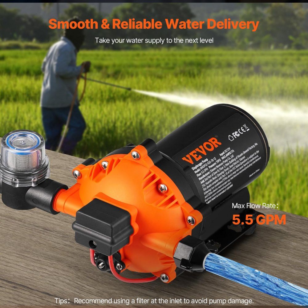 Water Diaphragm Pump, 12V DC, 5.5 GPM Flow, 70 PSI Rated Pressure (40-100 PSI Adjustable), 1/2" MNPT Self-Priming Spray Pump with Pressure Switch for RV, RV, Marine, Boat, Lawn, FCC Certified