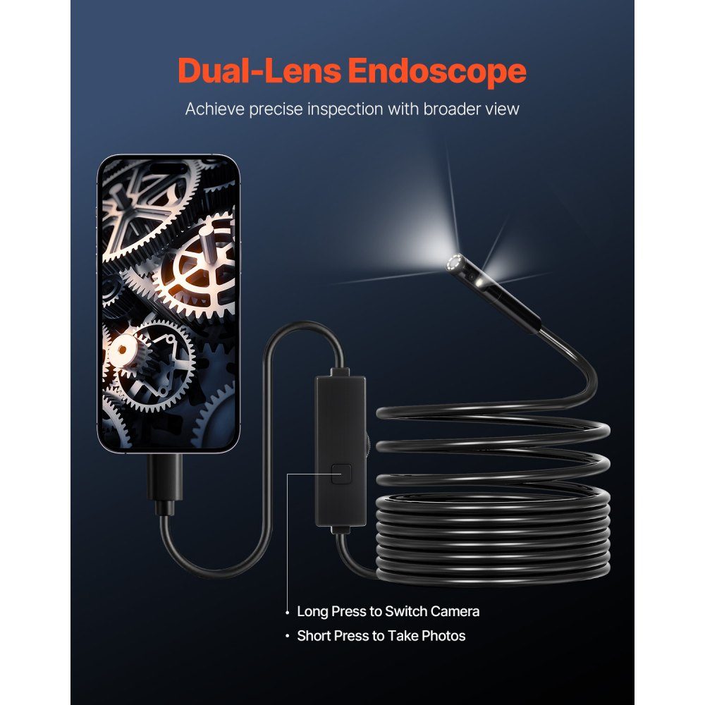Endoskopkamera mit Licht, Doppelobjektiv-Endoskop für Android und iOS, 1920P HD-Inspektionskamera mit 8+1 LED-Licht, 2x Zoom, 5 m Kabel, wasserdichte IP67-Kanalkamera für Auto, Sanitär