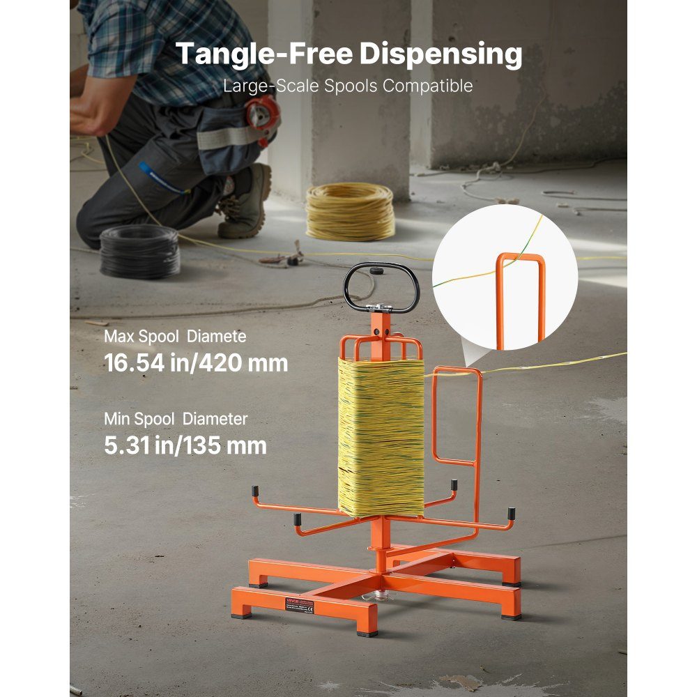 Wire Spool Holder, Floor or Wall Mounted (100/50 lbs), Cable Spool Dispenser, Portable Wire Reel with Handle, Swivel Eyelet, for Cable Transport in Various Conditions