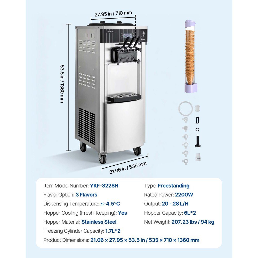 Gewerbliche Softeismaschine 2200 W, freistehende Eismaschine mit 20-28 L/h Produktion, mit 3 Geschmacksrichtungen & 2 Behältern (6 L), Vorkühlung & Selbstreinigung für Imbiss- und Dessertläden