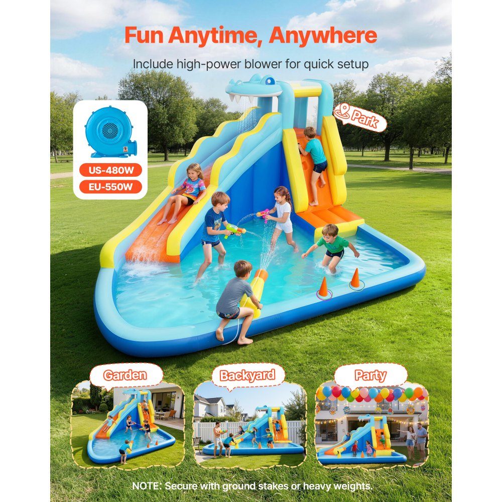 Aufblasbare Wasserhüpfburg Outdoor (353 x 400 x 235 cm), Hüpfburg mit Wasserrutsche (Krokodil-Optik) & Kletterwand & Planschbecken & Wasserring-Wurfspiel, für 3-4 Kinder (3 bis 8 Jahre alt)